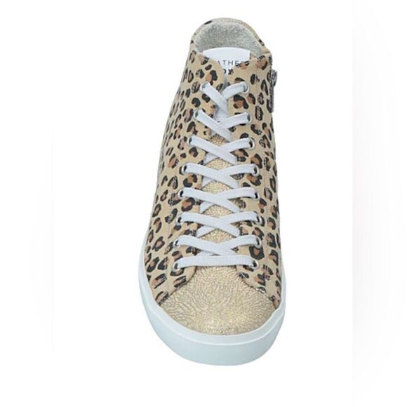 LEATHER CROWN MID TOPS in leopard print and gold metallic leather. New - Picture 4 of 14
